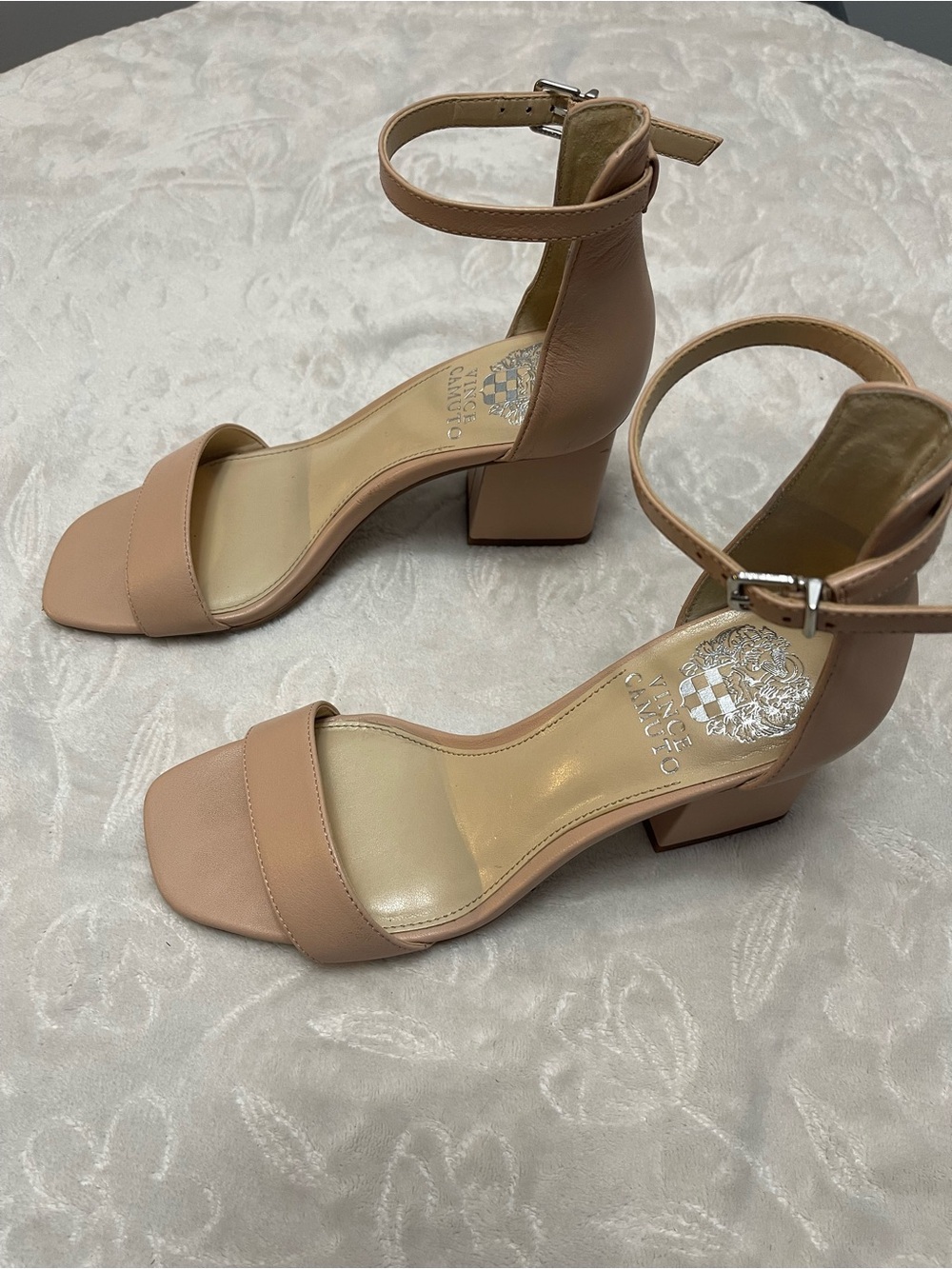 Vince Camuto Blush Tan Ankle-Strap Block Heels